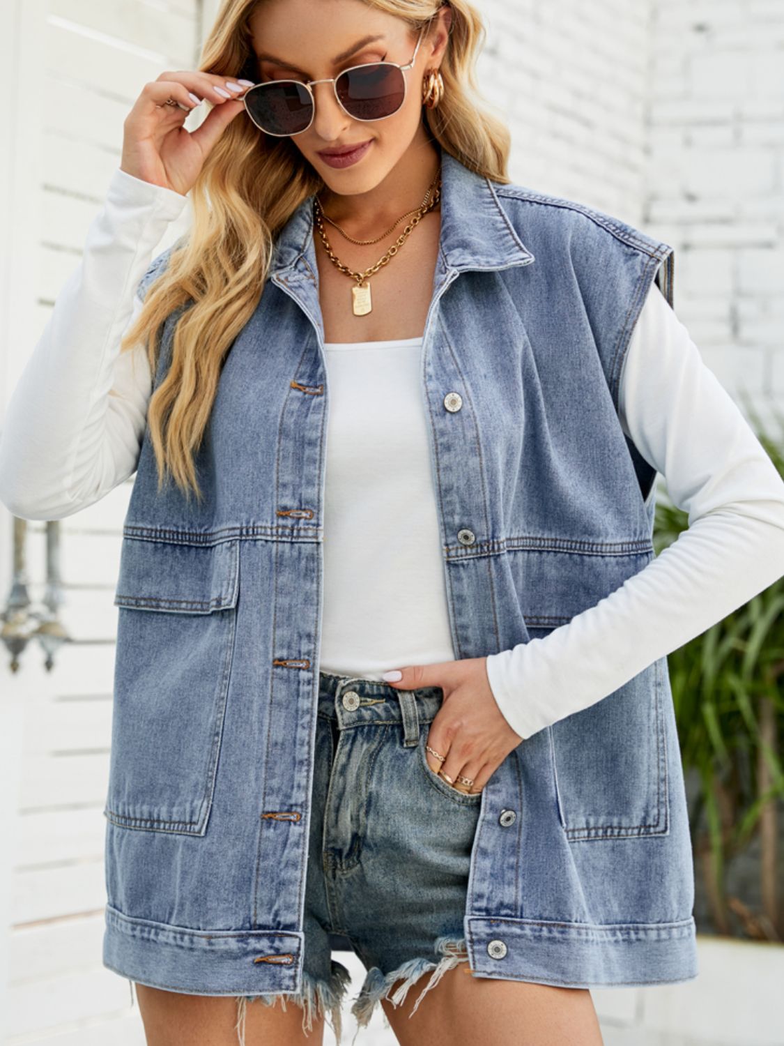 Collared Neck Sleeveless Denim Top with Pockets